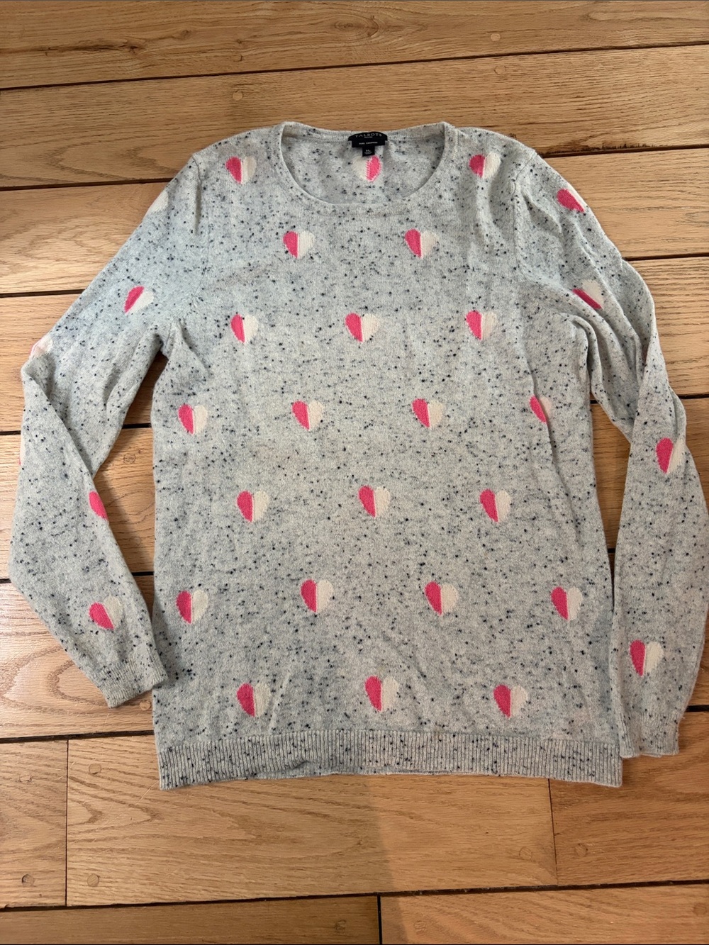 Women’s Talbots Light Gray Heart-Pattern Crewneck Sweater - Pink & Cream Accents